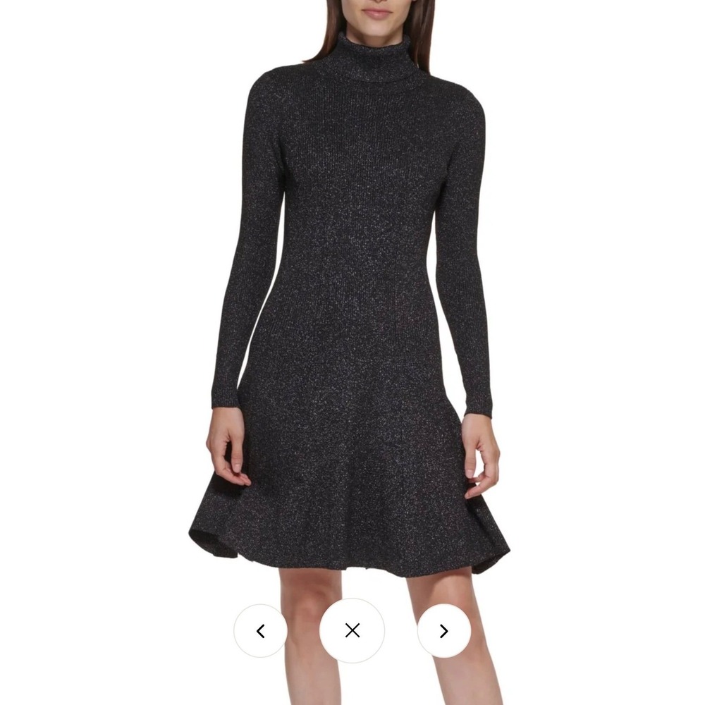 Calvin Klein Black Silver Metallic Turtleneck Fit Flare Sweater Dress Y2K whimsi